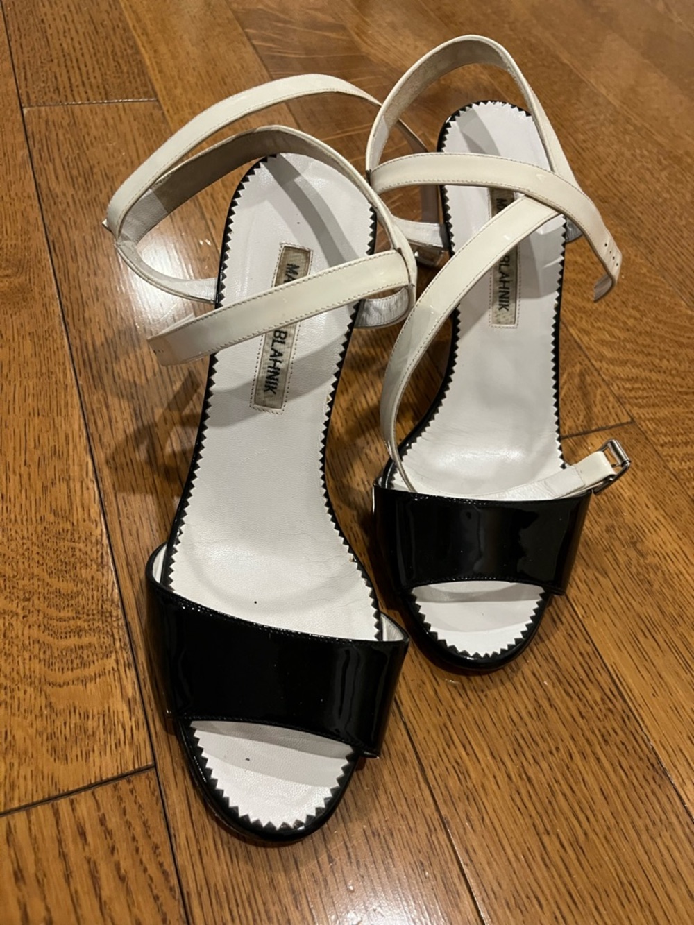 Manolo Blahnik Black Patent and White Strappy Sandals